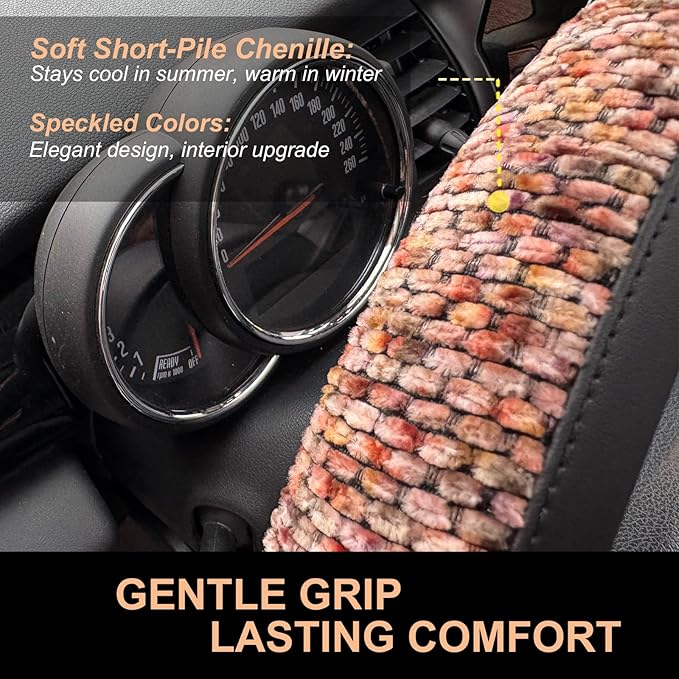PINCTROT Chenille Leather Steering Wheel Cover, Soft Mottled Colors, Sweat-Proof, Non-Slip Grip, All-Season Comfort, Universal 14.5-15 Inch(Mottled Red)