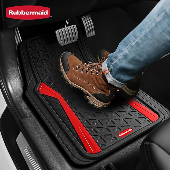 Rubbermaid Car Floor Mats Full Set,Premium Heavy Duty All-Weather Car Mats– Rugged Rubber with Brushed Aluminum Inserts, Universal Trim-to-Fit, Anti-Slip Backing for Cars, SUVs, Trucks & Vans - Red