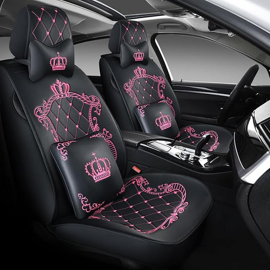 Skysep Crown Full Set Universal Fit 5 Seats Car Surrounded Waterproof Leather Car Seat Covers Protector Adjustable Removable Auto Seat Cushions with 2 Waist Pillows 2 Headrest Pillows (Black & Rose)