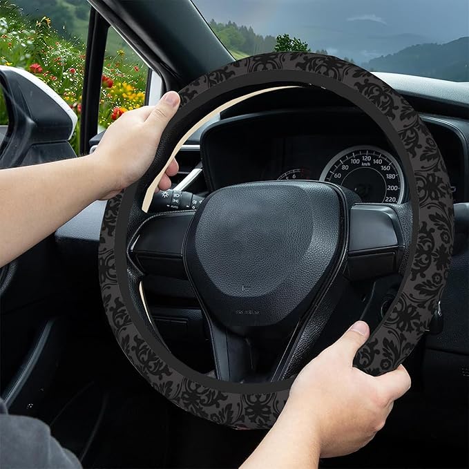 Vintage Black Floral Steering Wheel Covers Universal 15 Inch Car Wheel Cover,Anti-Slip Breathable Car Accessories Protector Fit for Trucks,Sedans,SUVs,Vans