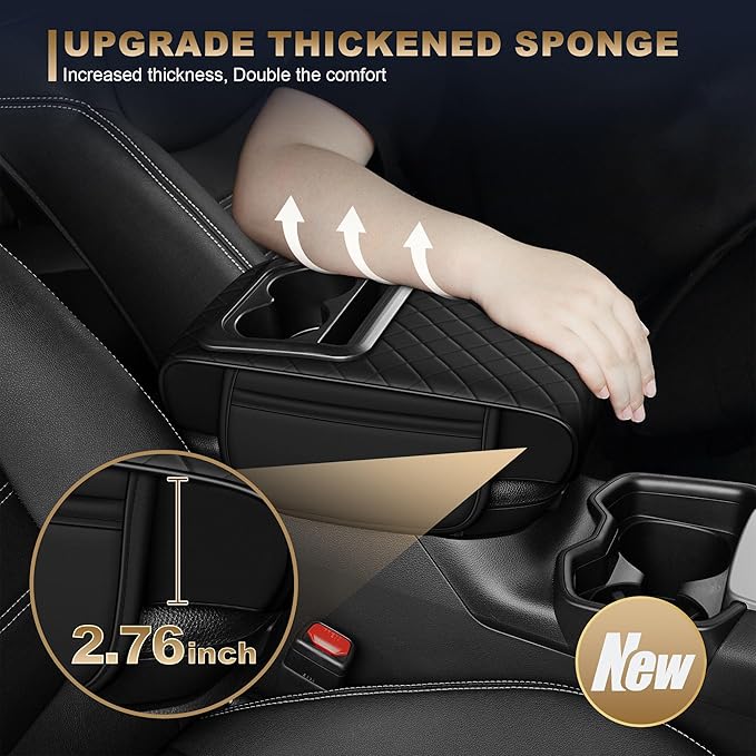 YORKNEIC Upgraded Car Center Console Cover with Cup Holder 2 Storage Bags - Faux Leather Arm Rest Cover Fit for Ford Escape,Middle Console Cover Multi-Functional Car armrest Cushion(Black)