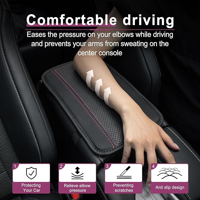 Amiss Car Center Console Pad, Universal Waterproof Car Armrest Seat Box Cover, PU Leather Auto Armrest Cover Protector，Vehicle Interior Accessories fits SUV/Truck/Car (Black-Pink)