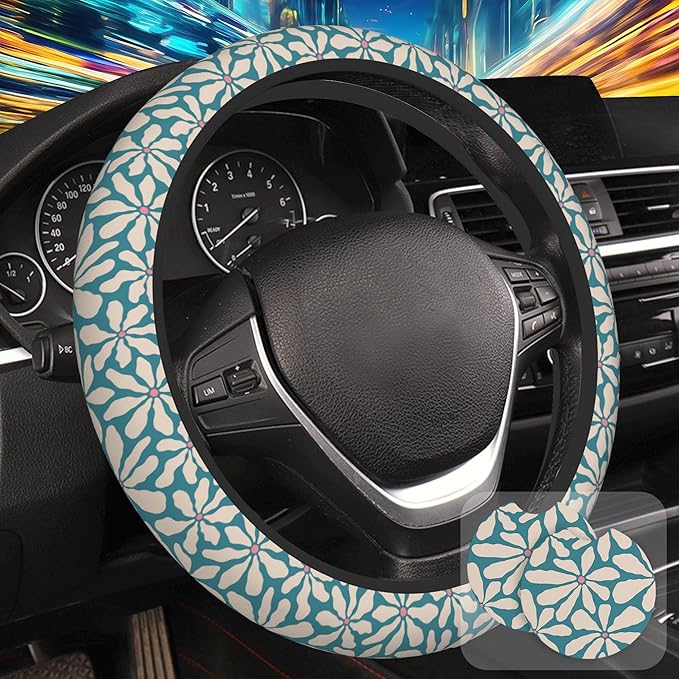 Vintage Blue Flower Steering Wheel Cover for Women, Anti-Slip Car Steering Wheel Cover with 2 Pcs Cup Holders Neoprene Breathable Car Accessories Universal 15 Inch Auto Interior Decor
