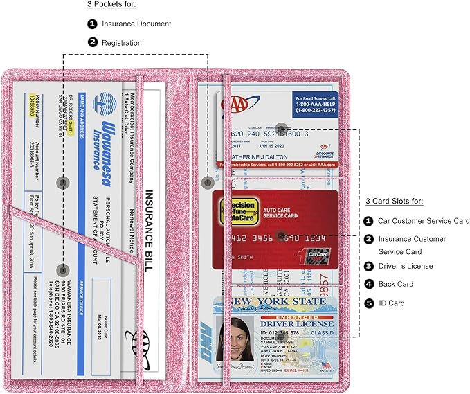 TOURSUIT Car Registration and Insurance Card Holder, Vehicle License Document Glove Box Compartment Organizer, Interior Car Accessories for Women Men Teens (Glitter Pink)
