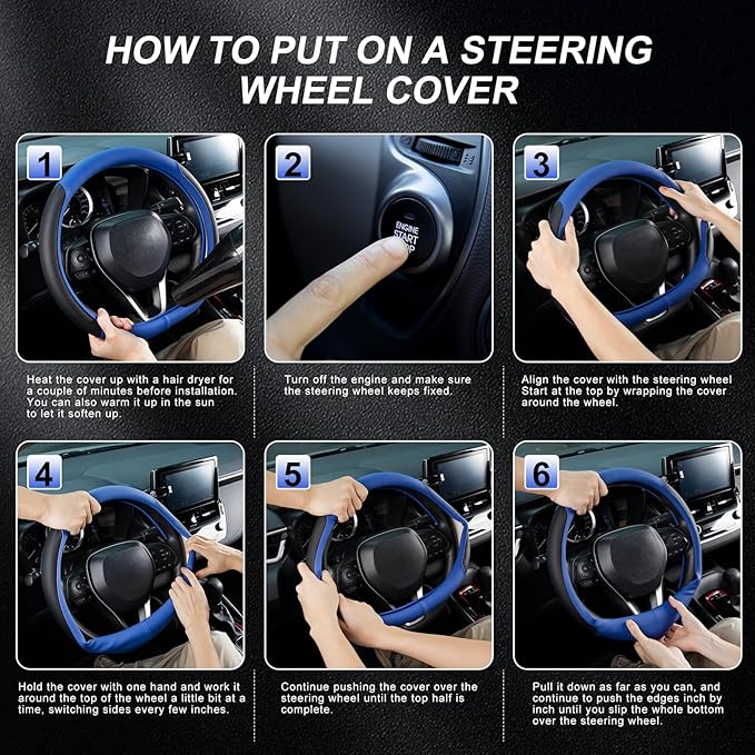 SEG Direct D Shaped Steering Wheel Cover for 14.5-15 inch Flat Bottom Wheels, Breathable Perforated Microfiber Leather, Anti-Slip Grip, Universal Fit for Cars & SUVs, Black and Blue