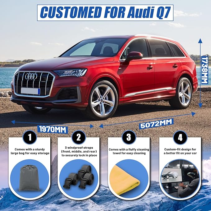 [2025 Upgrade] SUV Car Cover Custom Fit for Audi Q7/SQ7 (2006-2025), Waterproof All Weather for Automobiles Full Exterior Cover Rain Sun Snow UV Protector.