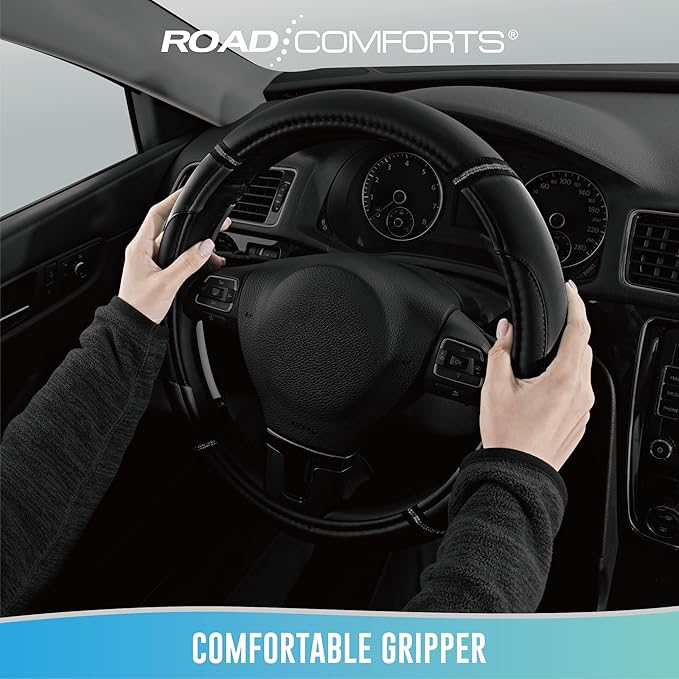 Road Comforts Leather Steering Wheel Cover - Made with PVC Leather - Anti-Slip, Universal Fit 14 1/2 inches to 15 inches - Black