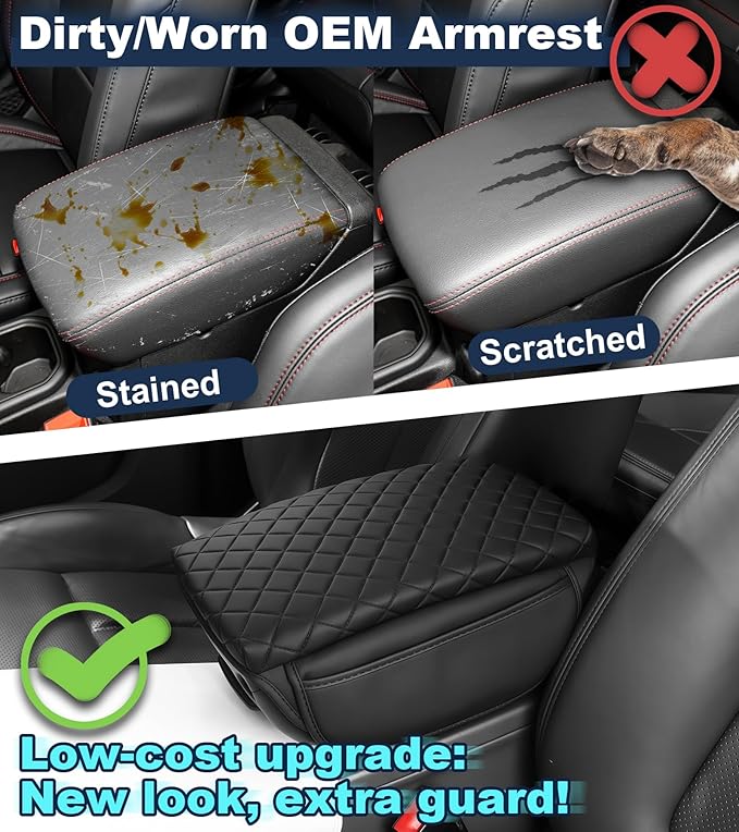 Armrest Cover for Jeep Wrangler Center Console Pad with Organizer Storage Pockets, Black Faux Leather Arm Rest Lid Protector Cushion Interior Accessories (2018-2025 Wrangler JL & Gladiator JT)