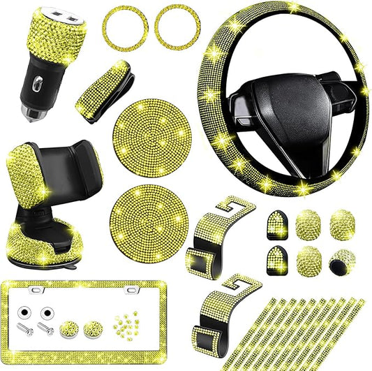 NBTEPEM 27 PCs Yellow Bling Car Accessories Set for Women, Steering Wheel Covers Universal Fit 15 Inch, Bling License Plate Frame, Bling Phone Holder, Bling Car Coasters (Yellow Diamond)