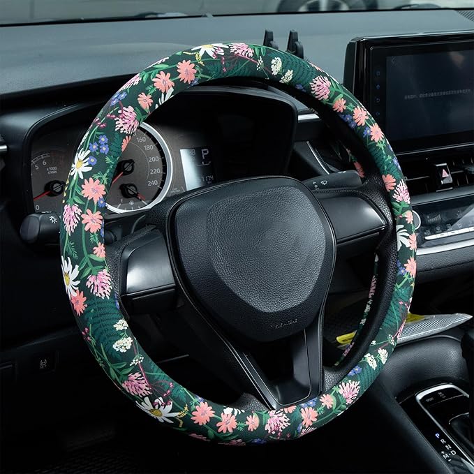 Flower, Floral, Daisies Steering Wheel Cover Auto Steering Wheel Protector, Anti-Slip, Breathable, Absorbing Sweat, Universal Car Accessories 14.5–15 inch,Fit for Most Car, Trucks, SUV