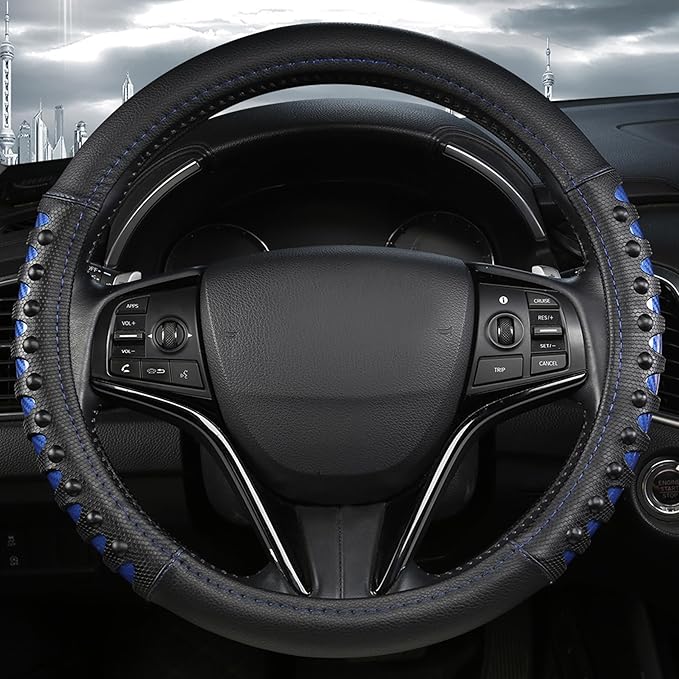 West Llama Microfiber Leather Car Steering Wheel Cover for Men Women,Universal Fit 15.5-16 inch(Leather Nails-Blue+Black-Large Size)