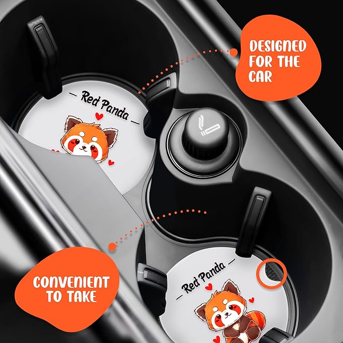 2 Pack Red Panda Car Cup Holder Coaster, Cute Car Interior Accessories Drink Coaster for Women & Men, Red Panda Lovers Themed Gifts Stuff Accessories Things Merchandise Items!