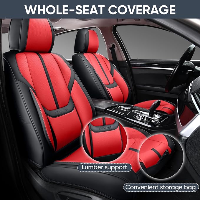 Auto Car Seat Covers Accessories Full Set Leather Cushion Protector Breathable Waterproof Seat Cover for Cars Universal Fit (Black&Red, Full Set Without Headrest)