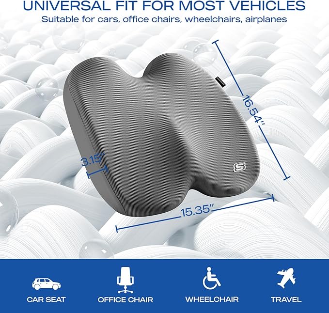 Skechers Memory Foam Seat Cushion,Ribbed Fabric Office Chair Cushion for Tailbone Pain Relief,Butt Pillow for Office Chair,Car Seat Cushion,Long Sitting Office Workers,and Car Drivers,Gray