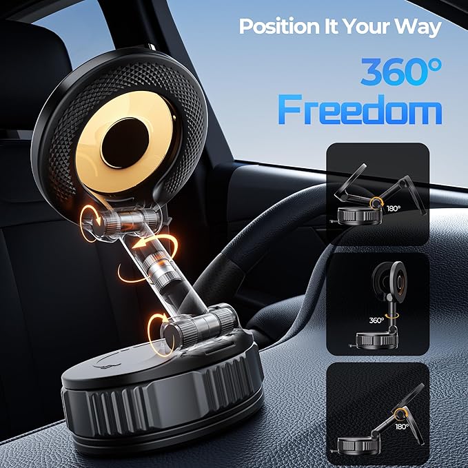 Vacuum Magnetic Suction Phone Holder, 360° Adjustable Suction Cup Phone Mount for Car/Gym/Mirror/Shower, Hands-Free Car Phone Holder, Compatible with iPhone Android and All Smartphones