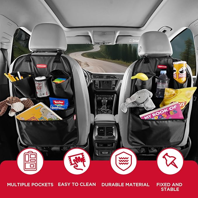 Rubbermaid Backseat Car Organizer, Kick Mats and Seat Back Protector, Car Organizer for Kids with 6 Storage Pockets, Travel Essentials for SUV, Truck, Car - 2 packs Black