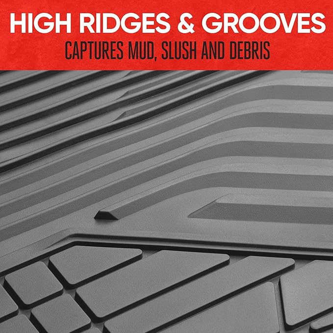 Motor Trend AdventureMax Car Floor Mats Full Set - Durable Rubber Floor Mats for Cars with Debris Capture Grooves, All Weather Interior Protection for Front and Rear with Non-Slip Backing, Gray