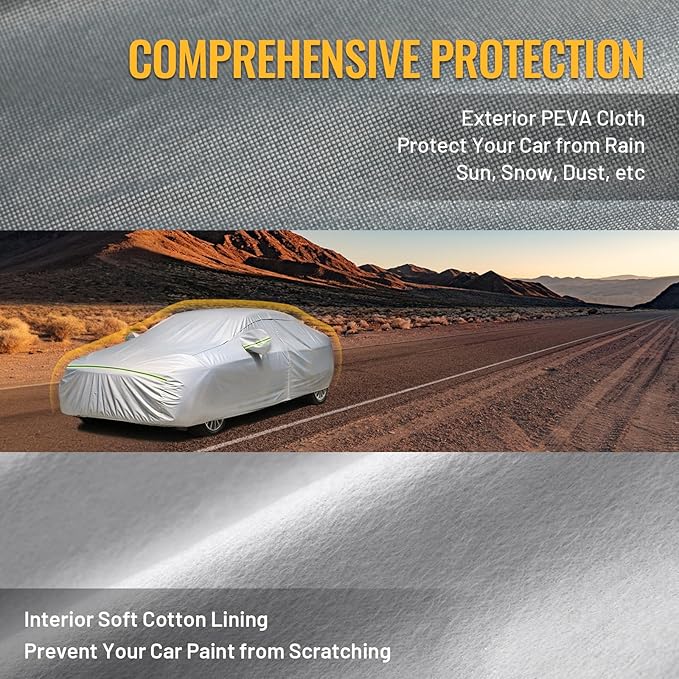 Favoto 6 Layers Sedan Car Cover Waterproof All Weather for Automobiles Heavy Duty Outdoor Sun Snow Protection with Door Zipper Universal Fit for Sedan (167-185 inch)