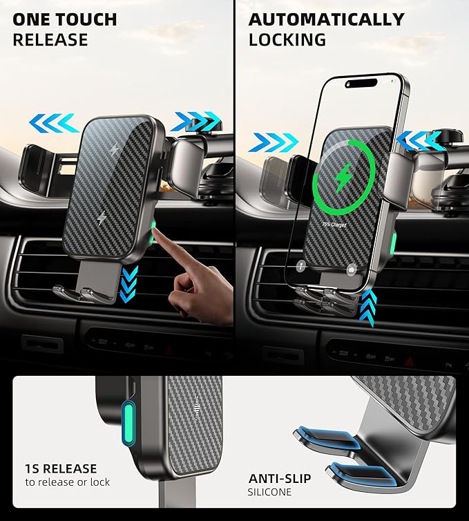 Dual Coil 15W Car Phone Holder Wireless Car Charger -Auto Clamping- Charging Phone Holders for Your Car Dash Vent Windshield, for Flip S25/S24/S23/S22, iPhone 17/16/15/14