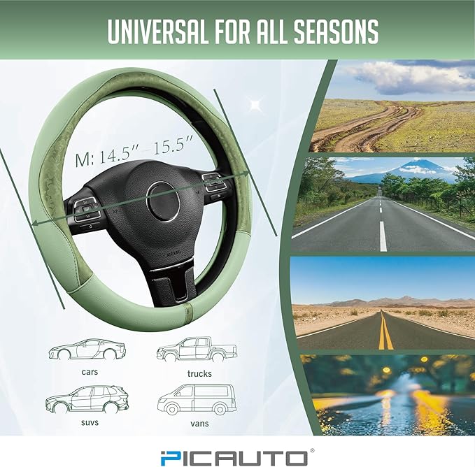 PIC AUTO Steering Wheel Cover, Green Patterned Leather Patchwork Design, Universal Fit 14.5"–15.5", Anti-Slip, Odor-Free, Soft PU Grain Leather, Durable Grip Car Accessory for Girls & Women