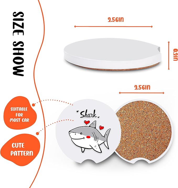 2 Pack Shark Car Cup Holder Coaster, Cute Car Interior Accessories Drink Coaster for Women & Men, Shark Lovers Themed Gifts Stuff Accessories Things Merchandise Items!