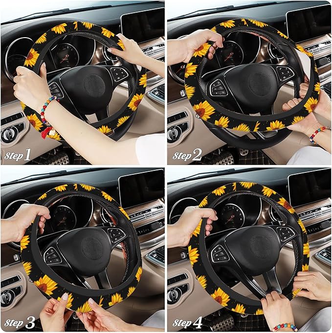 Yellow Sunflowers Steering Wheel Covers Universal 15 Inch Car Wheel Cover,Anti-Slip Breathable Car Accessories Protector Fit for Trucks,Sedans,SUVs,Vans