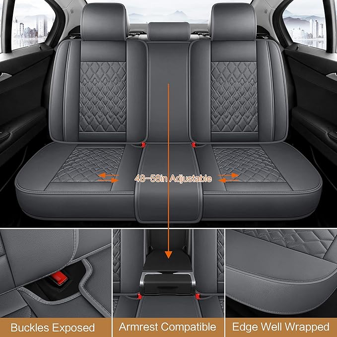 Pariitadin Leather Car Seat Covers Full Set, Waterproof Breathable Faux Leather Automotive Seat Covers for Cars, Non-Slip Car Interior Covers Universal Fit Most Cars Sedans Trucks SUVs, Gray