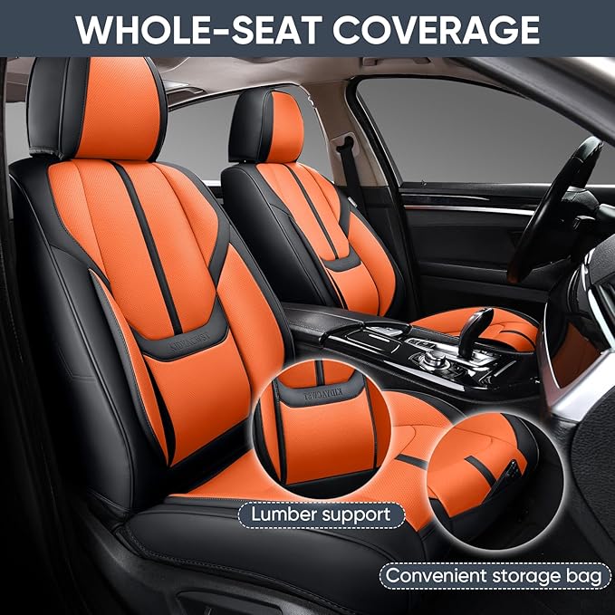 Auto Car Seat Covers Accessories Full Set Leather Cushion Protector Breathable Waterproof Seat Cover for Cars Universal Fit (Black&Orange, FullSet Without Headrest)