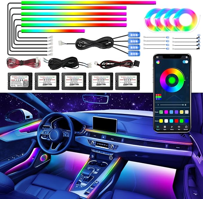WEBUPAR Dreamcolor Acrylic Car Interior Led Kit, Car Accessories 22 in 1 RGB Car Ambient Lighting Kits with APP Control and 213 Color Modes, Multicolor RGBW Neon Car LED Strip Lights with Music Mode