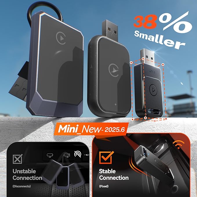 for Apple Carplay Wireless Adapter, 3X Fast Auto-Connect, No Latency, Plug&Play, Wireless Carplay Adapter, 2025 Mini Car Play Dongle for iPhone 6~17, Fit for 927+ Cars,USB A/C,Matte Black