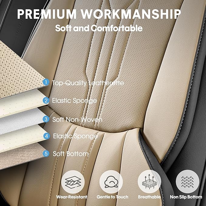 AOOG Car Seat Covers Full Set, Leather Seat Covers for Car, Waterproof Car Seat Protector with Lumbar Support, Automotive Seat Covers Universal Fit for Most Cars SUV Trucks (Full Set, Beige&Black)