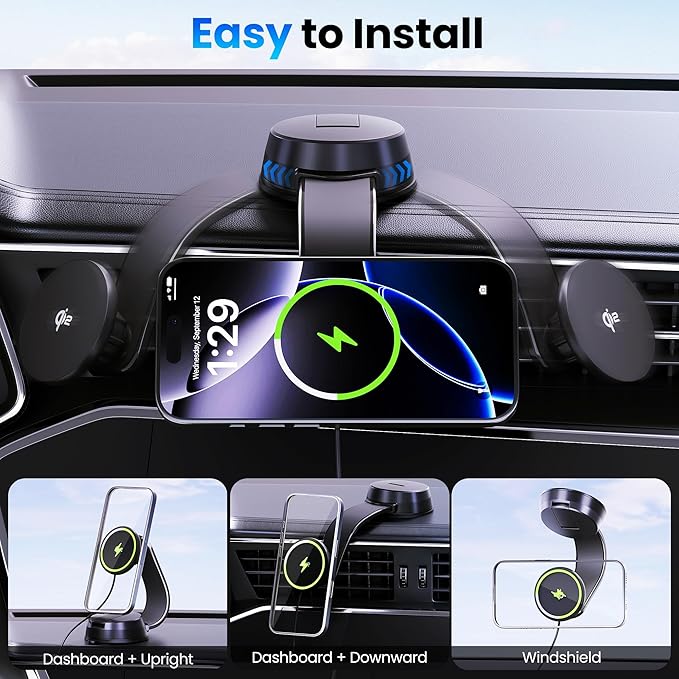 Upgrade [Qi2-Certified] 15W for MagSafe Wireless Car Charger Mount, 2XFast Charging[90+LBS Safe Suction] Magnetic Phone Holder Dashboard Windshield for iPhone 17/16/15/14/13/12 Pro Max,Black