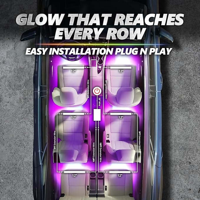 OPT7 Aura Pro 6PC Interior Lights for Truck SUV RV with App & Remote Control, Multicolor Mode, Music Sync Neon Accent Lighting Kit, Under Dash Decor, 12V Car Charger, Single Row LED Strip