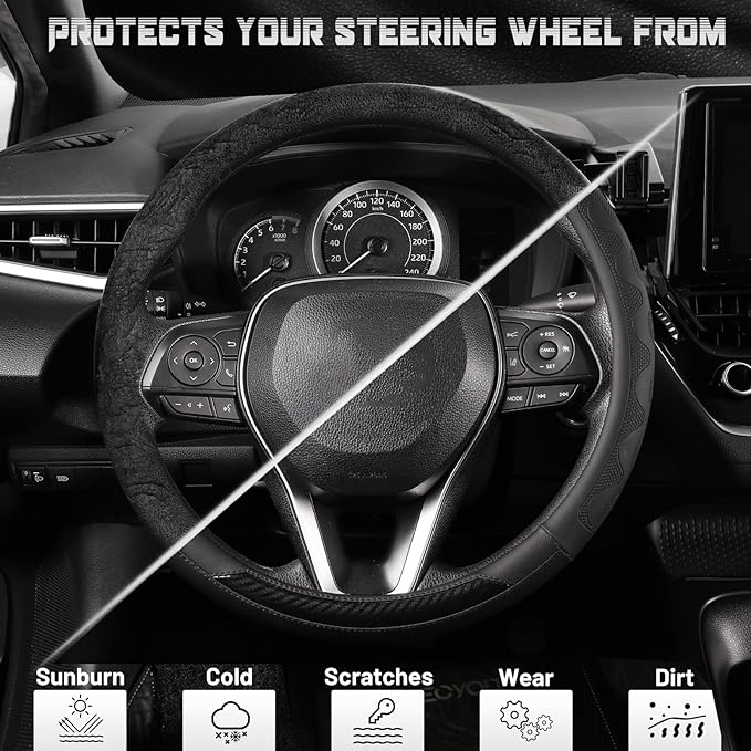 SEG Direct Car Steering Wheel Cover Small Size for Prius Civic Model 3 Model Y Camaro Rogue with 14"-14 1/4" Embossed Microfiber Leather with Carbon Fiber Pattern Black