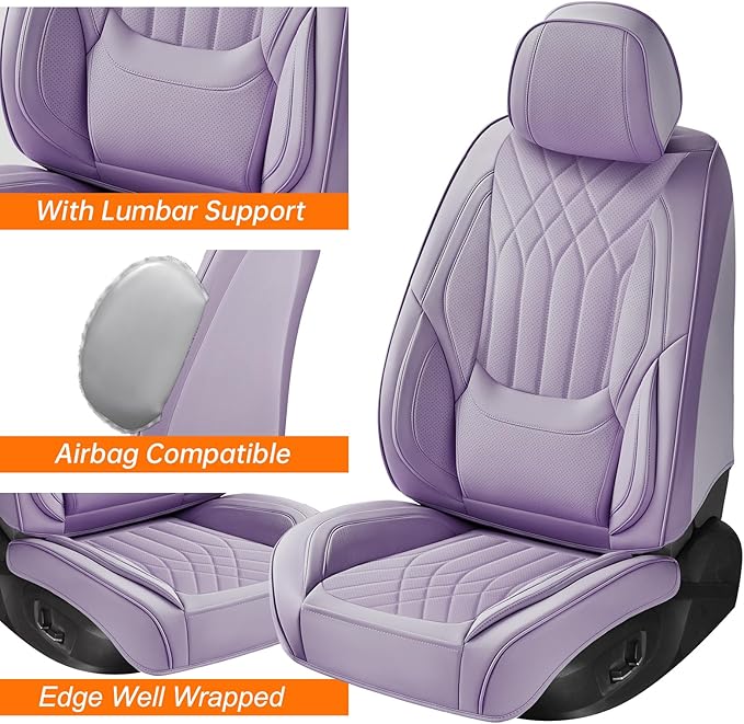 Purple Car Seat Covers Full Set, Waterproof Luxury Leather Purple Seat Covers for Women, Non-Slip Front & Rear Seats Cover Sets Universal Fit for Most Cars SUVs Trucks