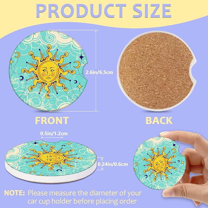 2 Pack Car Cup Holder Coaster-Boho Sun Moon Absorbent Ceramic Coaster, Car Coasters for Cup Holders,Auto Accessories for Women & Men