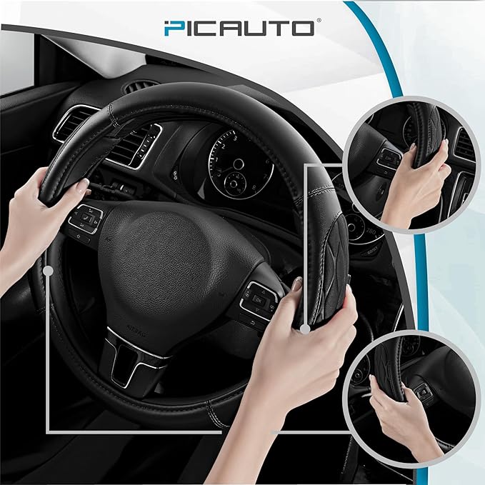 PIC AUTO Steering Wheel Cover, Black Thick Rhombic Foam and Premium Leather, Universal 14.5-15.5 Inch Breathable Anti-Slip Steering Wheels Accessories for Men & Women