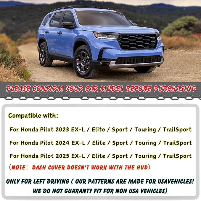 Non-Slip Dash Cover Dashboard Cover Mat Custom Fit Center Console Cover Sunshield Protector Pad Compatible with for Honda Pilot 2023 2024 2025 Accessories Pad (Without HUD) (Red Trim)