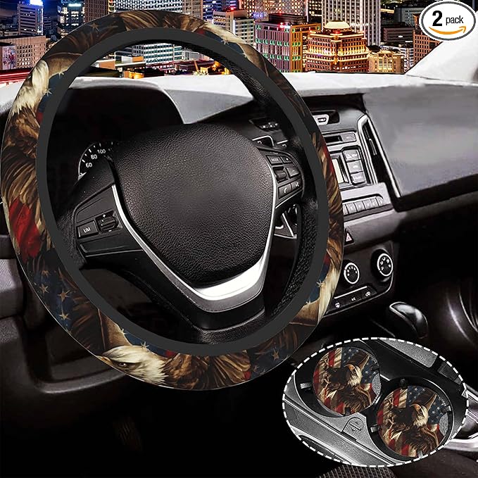American Flag and Bald Eagle Steering Wheel Cover for Women Men,Anti-Slip Breathable Car Steering Wheel Cover Elastic Protection with 2 Pieces Car Coasters,Universal 15" Fit Auto,Suvs,Truck