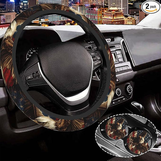 American Flag and Bald Eagle Steering Wheel Cover for Women Men,Anti-Slip Breathable Car Steering Wheel Cover Elastic Protection with 2 Pieces Car Coasters,Universal 15" Fit Auto,Suvs,Truck