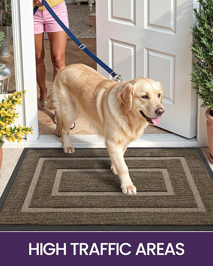 DEXI Front Door Mat Outside Entrance, Heavy Duty Rubber Backed Doormat, Stain and Fade Resistant, Low-Profile Easy Clean Entryway Floor Mats, 4x2, Rectangles Brown