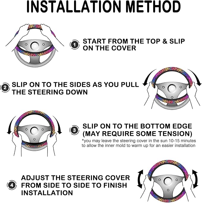 Rainbow Leopard Print Steering Wheel Cover for Women, Anti-Slip Car Steering Wheel Cover with 2 Pcs Cup Holders Neoprene Breathable Car Accessories Universal 15 Inch Auto Interior Decor