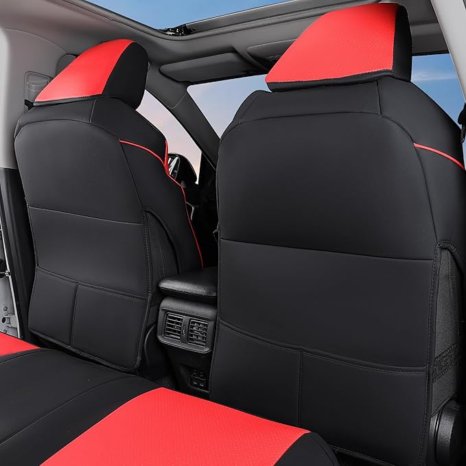 AOOG Leather Car Seat Covers Fit RAV4, Waterproof Faux Leather Seat Covers Custom Fit for Toyota RAV4 2019 2021 2022 2023 LE,XLE,XLE Premium, Limited (Full Set, Black&Red)