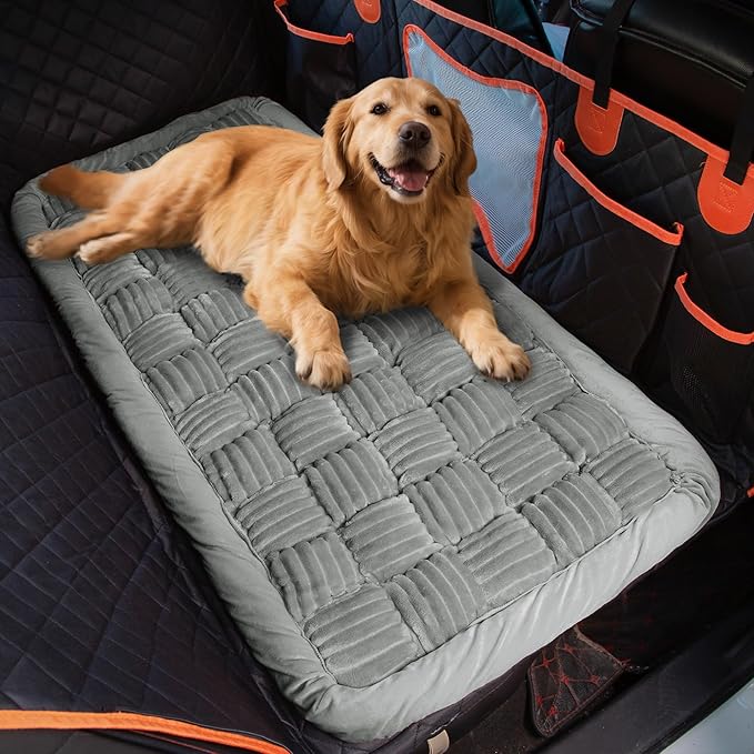 Soulbond Backseat Pet Bed Mat,Dog Bed for Car,Fuzzy Dog Seat Cover for Car Back Seat, Non-Slip Travel Pet Mat, Fit for Backseat Extenders and Seat Covers(Light Gray)