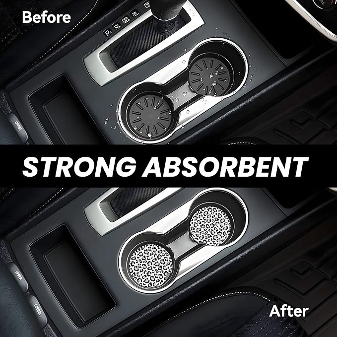 Absorbent Car Coasters for Cup Holders, 2 Pack Universal Anti Slip Ceramic Cup Coaster for Women Men 2.56 Inch Car Interior Accessories - White Grey Leopard 004