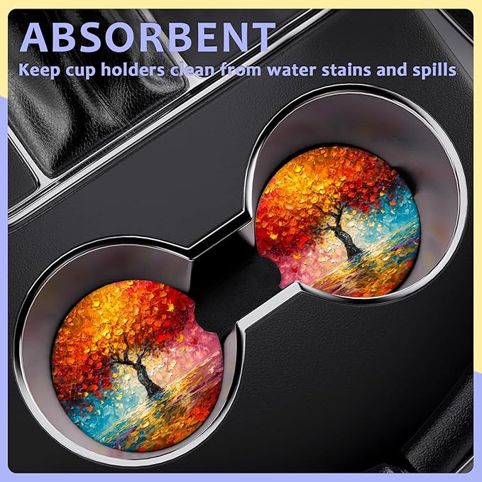 2 Pack Car Cup Holder Coaster-Colorful Trees Absorbent Ceramic Coaster, Car Coasters for Cup Holders,Auto Accessories for Women & Men