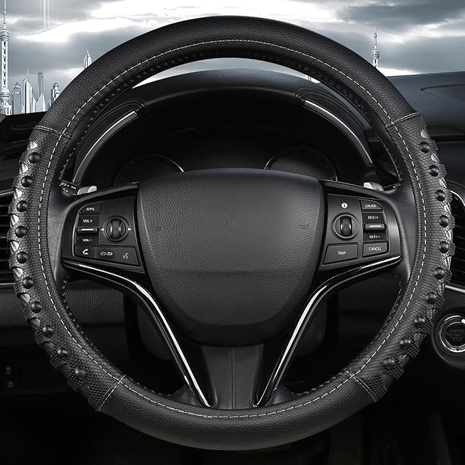 West Llama Microfiber Leather Car Steering Wheel Cover for Men Women,Universal Fit 15.5-16 inch(Leather Nails-Gray+Black-Large Size)