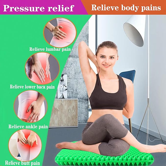 Plus Size Gel Seat Cushion, Extra Large and Thick, Seat Cushion for Pressure Relief for Back, Hip, Sciatica, Tailbone Pain, Used for Office, Wheelchair, Car, Truck, Recliner, Stadium.(Green)