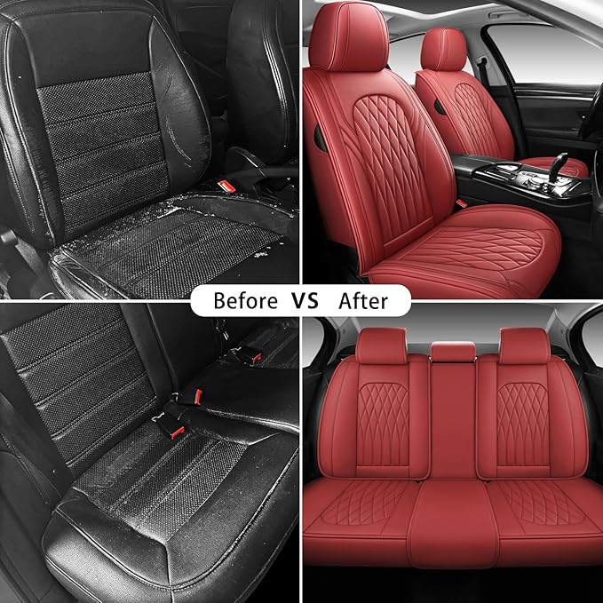 WELLDO Car Seat Covers Full Set, Leather Seat Covers for Cars, Car Seat Protector Waterproof, Non-Slip Car Interior Covers Full Set Universal Automotive Seat Covers for Most Sedans SUVs, Burgundy