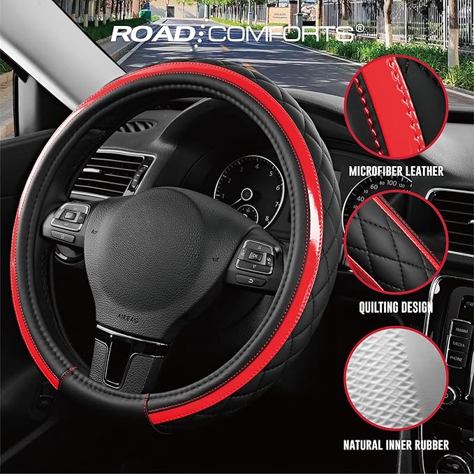 Road Comforts Leather Steering Wheel Cover – Black & Red Universal Fit 14.5-15 Inch, Microfiber Leather, Anti-Slip & Breathable Design for Men and Women